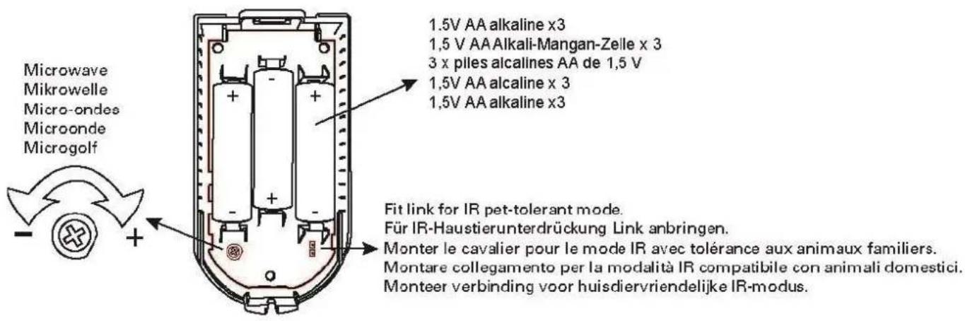 Microwave Mikrowelle Micro-ondes Microonde Microgolf 1.5V AA alkaline x3 1,5 V AA Alkali-Mangan-Zelle x 3 3 x piles alcalines AA de 1,5 V 1,5V AA alcaline x 3 1,5V AA alkaline x3 Fit link for IR pet-tolerant mode. Für IR-Haustierunterdrückung Link anbringen. Monter le cavalier pour le mode IR avec tolérance aux animaux familiers. Montare collegamento per la modalità IR compatibile con animali domestici. Monteer verbinding voor huisdiervriendelijke IR-modus.
