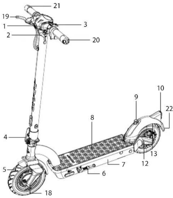 Technical diagram of an electric scooter with numbered components for identification