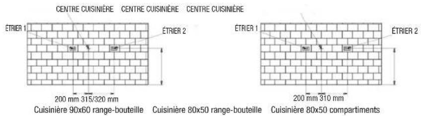 CENTRE CUISINIÈRE CENTRE CUISINIÈRE CENTRE CUISINIÈRE ÉTRIER 1 ÉTRIER 2 ÉTRIER 1 ÉTRIER 2 200 mm 315/320 mm 200 mm 310 mm Cuisinière 90x60 range-bouteille Cuisinière 80x50 range-bouteille Cuisinière 80x50 compartiments