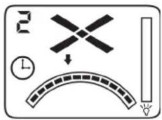 Diagram showing a directional control panel with clock, airplane, and arc symbol alongside a light bulb indicator
