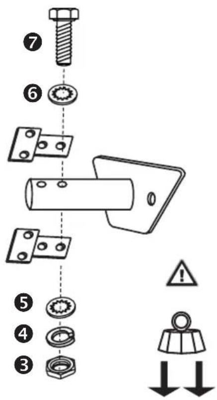 Technical diagram showing exploded view of a mechanical assembly with numbered parts and warning symbols