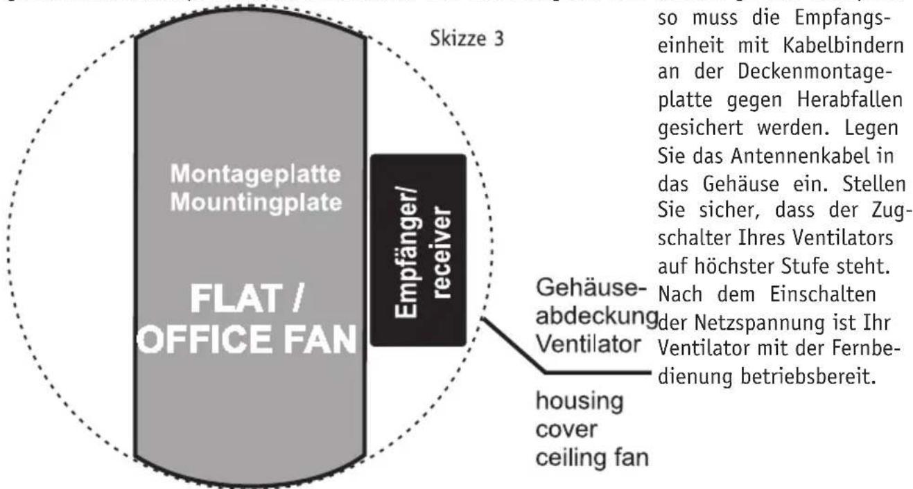 Skizze 3 Montageplatte Mountingplate FLAT / OFFICE FAN Empfänger/ receiver Gehäuse- abdeckung Ventilator housing cover ceiling fan so muss die Empfangs- einheit mit Kabelbindern an der Deckenmontage- platte gegen Herabfallen gesichert werden. Legen Sie das Antennenkabel in das Gehäuse ein. Stellen Sie sicher, dass der Zug- schalter Ihres Ventilators auf höchster Stufe steht. Nach dem Einschalten der Netzspannung ist Ihr Ventilator mit der Fernbe- dienung betriebsbereit.