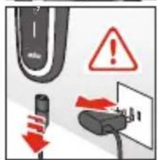 Safety warning symbols and diagram showing a plug, switch, and warning sign with red arrows indicating downward movement.