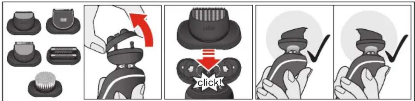Illustrated guide showing how to adjust a hairbrush with a click button, accompanied by step-by-step instructions for cleaning and adjusting the product.