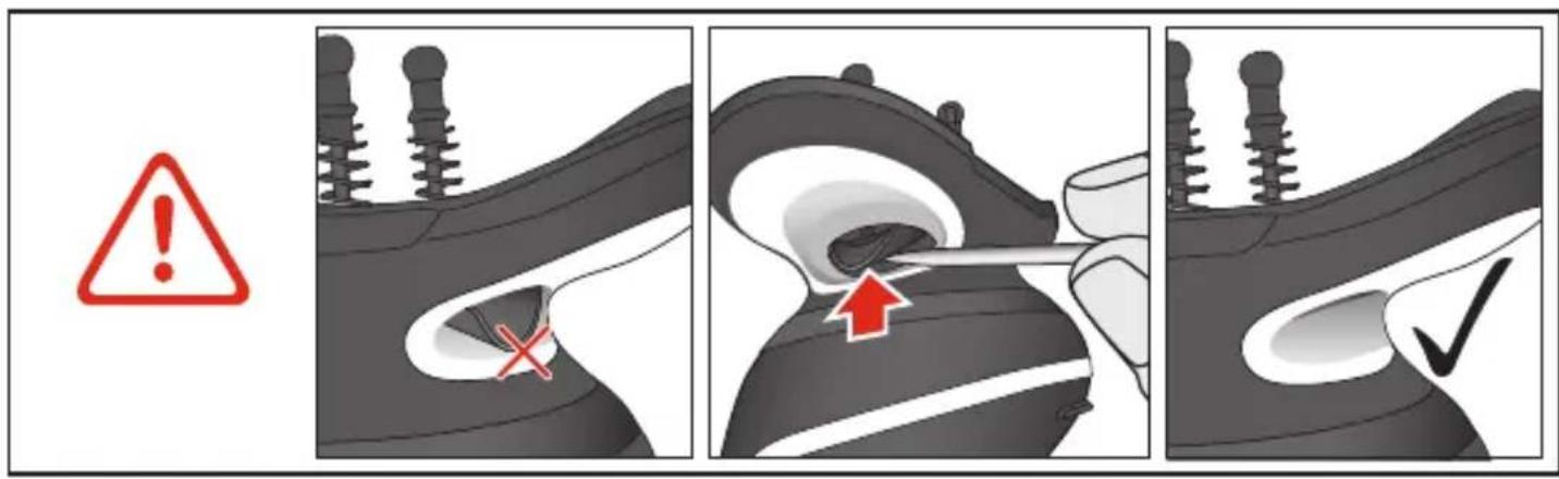 Diagram illustrating shoe repair steps with warning symbol and checkmark indicators