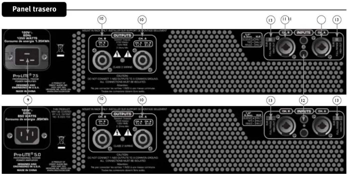 Panel trasero 120V~ 60Hz 1350 WATTS Consume de energia 1.35KWh Pro-LITE® 7.5 PROFESSIONAL 750W POWER AMPUFTER DESIGNED AND ENGINEER IN U.S.A. MADE IN CHINA A PRODUCT OF CREST AUDIO INC. 90V HUNT AND METHANES, NO. 8,000 USA WWW.CRESTAUDIO.COM MOUNT IN RACK TALY-INSTALLER SUR SUPPORT DE VONTAGE SEULEMENT CH. B CH. A 1+/- 3+/- 3+/- 3+/- 3+/- 3+/- 3+/- 3+/- 3+/- 3+/- 3+/- 3+/- 3+/- 3+/- 3+/- 3+/- 3+/- 3+/- 3+/- 3+/- 3+/- 3+/- 3+/- 3+/- 3+/- 3+/- 10 OUTPUTS Stable Outer 250V (Watts) 120V HMI 2 Ohms MH CLASS 2 WIREG CAUTION DO NOT CONNECT 1 NBS OUTPUTS TO A COMMON GROUND. ALL CONNECTIONS MUST BE ISOLATED. Attention: No pin connector has switches 1 NBS & une mesure contrôle. Toutes les connoussi denote five rows. 1-6" 6.0mm XLR ULTR/A PRJ-1 PRJ-2 PRJ-3 11 11 13 FULL-WAVE HOLDOUT CUB INPUTS CH. A 1/4" 6.0mm XLR ULTR/A PRJ-1 PRJ-2 PRJ-3 FULL-WAVE HOLDOUT CUB INPUTS CH. A 1/4" 6.0mm XLR ULTR/A PRJ-1 PRJ-2 FULL-WAVE HOLDOUT CAUTION DO NOT CONNECT 1 NBS OUTPUTS TO A COMMON GROUND. ALL CONNECTIONS MUST BE ISOLATED. Attention: No pin connector has switches 1 NBS & une mesure contrôle. Toutes les connoussi denote five rows. 9 10 10 13 12 13 120V~ 60Hz 850 WATTS Consumo de energia .85KWh Pro-LITE® 5.0 PROFESSIONAL 500W POWER AMPUFTER DESIGNED AND ENGINEER IN U.S.A. MADE IN CHINA