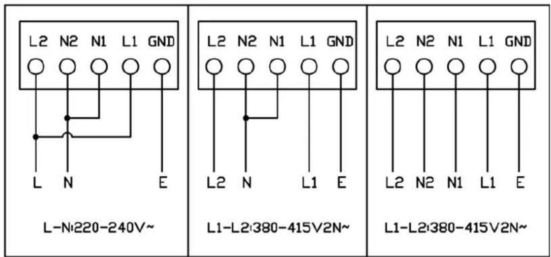 L-N:220-240V~ L2 N2 N1 L1 GND L N E L2 N2 N1 L1 GND L2 N L1 E L1-L2:380-415V2N~ L2 N2 N1 L1 GND L2 N2 N1 L1 E L1-L2:380-415V2N~