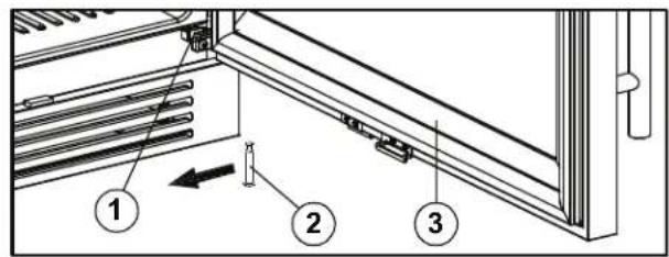 Technical diagram of a refrigerator door with labeled parts and directional arrow indicating assembly or movement