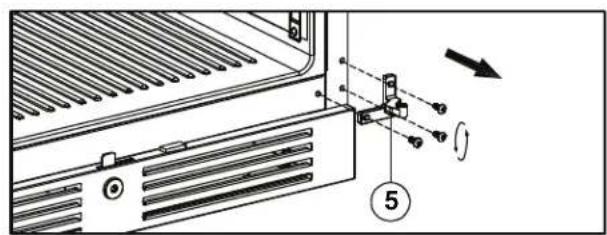 Technical diagram showing a device rear panel with labeled components and directional arrows indicating motion or assembly.
