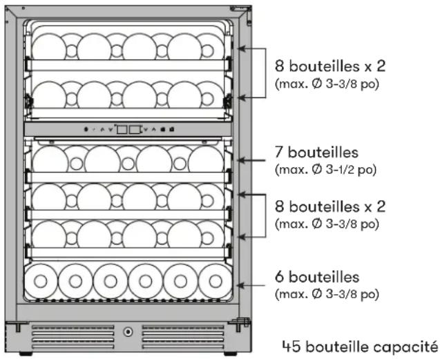 8 bouteilles x 2 (max. Ø 3-3/8 po) 7 bouteilles (max. Ø 3-1/2 po) 8 bouteilles x 2 (max. Ø 3-3/8 po) 6 bouteilles (max. Ø 3-3/8 po) 45 bouteille capacité