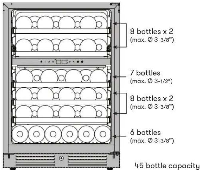 8 bottles x 2 (max. Ø 3-3/8") 7 bottles (max. Ø 3-1/2") 8 bottles x 2 (max. Ø 3-3/8") 6 bottles (max. Ø 3-3/8") 45 bottle capacity