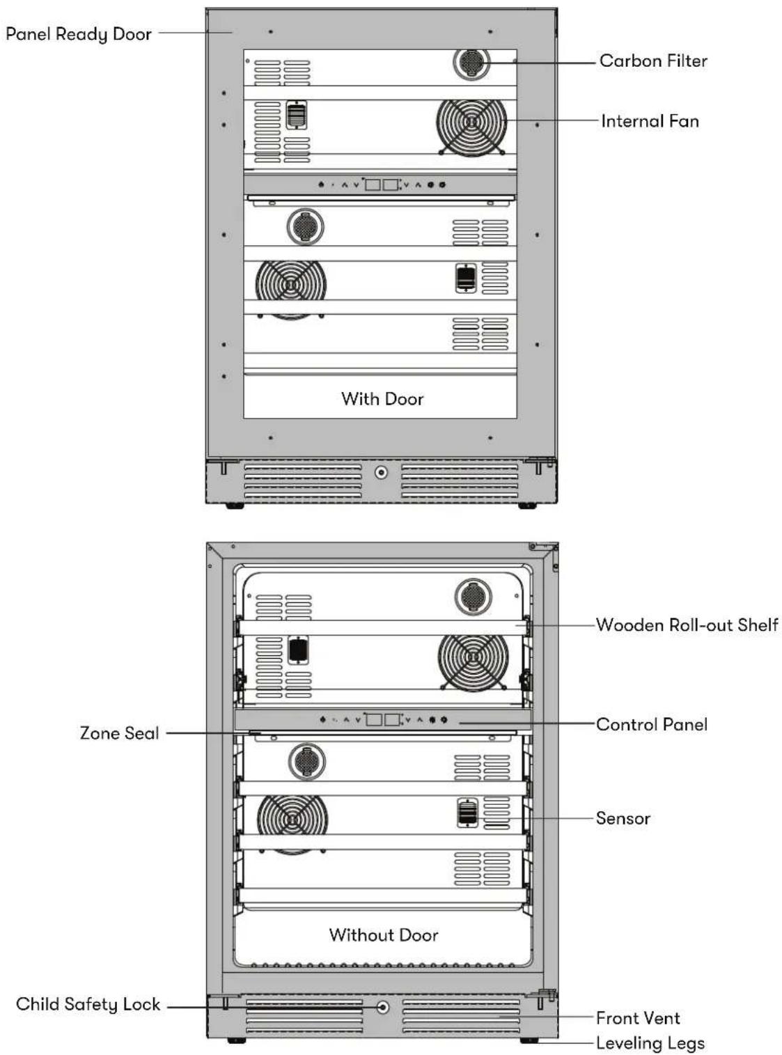 Panel Ready Door Carbon Filter Internal Fan With Door Wooden Roll-out Shelf Zone Seal Control Panel Sensor Without Door Child Safety Lock Front Vent Leveling Legs