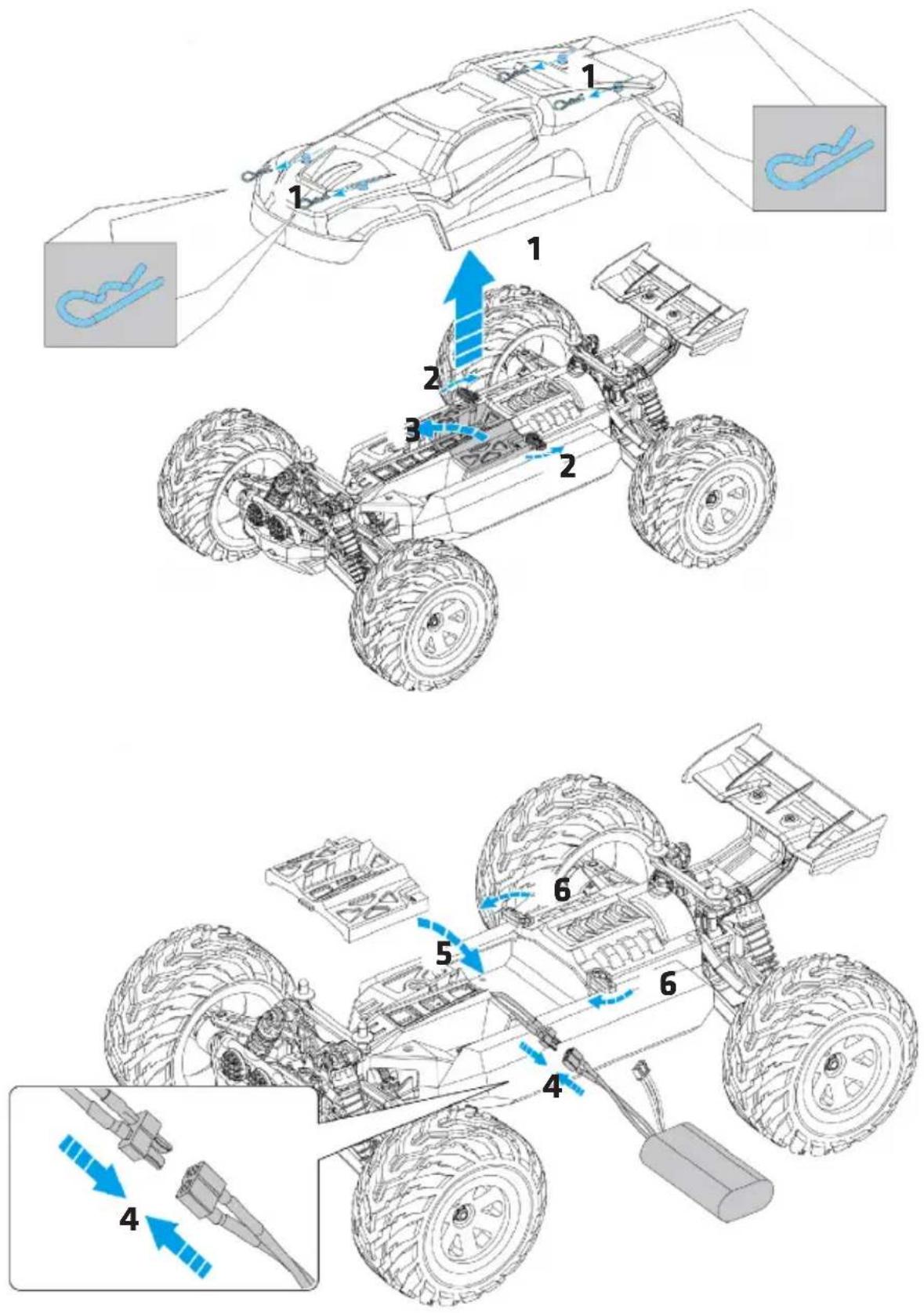 Technical diagram of a toy car's internal components and assembly, labeled with numbered parts and directional arrows indicating motion or flow.