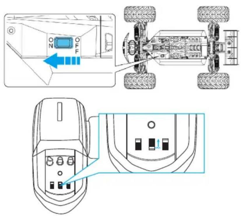 Technical diagram showing front and rear views of a vehicle's internal components with labeled parts and directional arrows