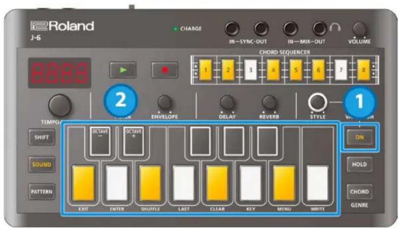Roland J-6 CHARGE IN-SYNC-OUT IN-MIK-OUT VOLUME 8889 CHORD SEQUENCER 1 2 3 4 5 6 7 8 2 ENVELOPE DELAY REVERB STYLE TEMPOR SHIFT OCTAVE OCTAVE + SOUND PATTERN EXIT ENTER SHUFFLE LAST CLEAR KEY MINU WRITT ON HOLD CHORD GENRE