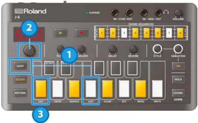 Roland J-6 CHARGE IN—SYNC-OUT IN—MIX-OUT VOLUME 2 800.8 CHORD SEQUENCER 1 2 3 4 5 6 7 8 FILT ENVELOPE DELAY REVERB STYLE VARIATION ON SHIFT OCTAVE OCTAVES SOUND PATTERN EXIT ENTER SHUFFLE LAST CLEAR KEY MENU WRITE CHORD HOLD CHORD GENRE 3