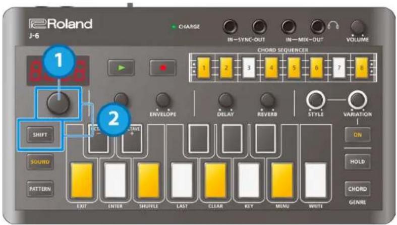 Roland J-6 CHARGE IN—SYNC-OUT IN—MIX-OUT VOLUME 1 2 SHIFT SOUND PATTERN CHORD SEQUENCER ENVELOPE DELAY REVERB STYLE VARIATION ON HOLD CHORD GENRE