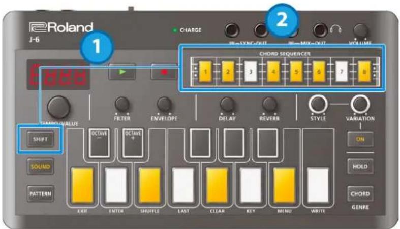 Roland J-6 1 2 CHARGE IR=SYNC+OUT IR=MIX+OUT VOLUME CHORD SEQUENCER 1 2 3 4 5 6 7 8 TAMPO VALUE FILTER ENVELOPE DELAY REVERB STYLE VARIATION SHIFT OCTAVE OCTAVE + SOUND PATTERN EXIT ENTER SHUFFLE LAST CLEAR KEY MINU WRITE ON HOLD CHORD HOLD