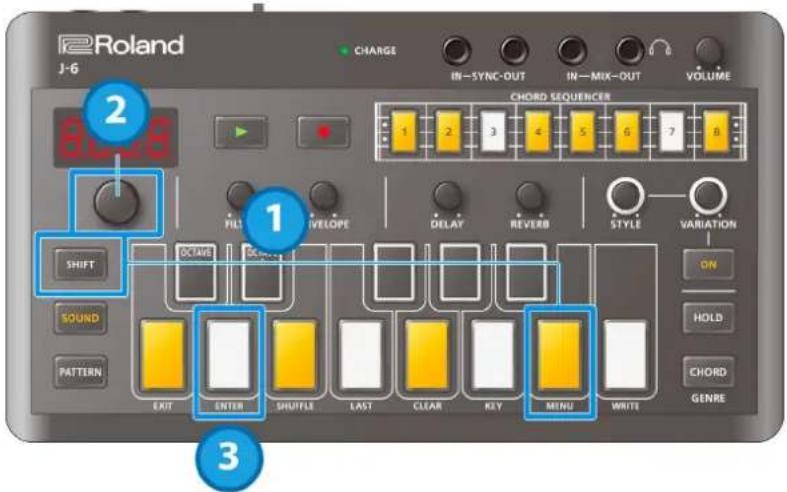Roland J-6 CHARGE IN—SYNC-OUT IN—MIX-OUT VOLUME 2 800.8 CHORD SEQUENCER 1 2 3 4 5 6 7 8 FILL ENVELOPE DELAY REVERB STYLE VARIATION ON SHIFT OCTAVE OCEMBER SOUND PATTERN EXIT ENTER SHUFFLE LAST CLEAR KEY MENU WRITE HOLD CHORD GENRE