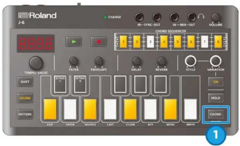 Roland J-6 CHARGE IN-SYNC-OUT IN-MIX-OUT VOLUME 8888 CHORD SEQUENCER 1 2 3 4 5 6 7 8 TEMPD/ VALUE FILTER ENVELOPE DELAY REVERB STYLE VARIATION SHIFT OCTAVE OCTAVE SOUND PATTERN EXIT INTER SHUFFLE LAST CLEAR KEY MINI WHIT ON HOLD CHORD START