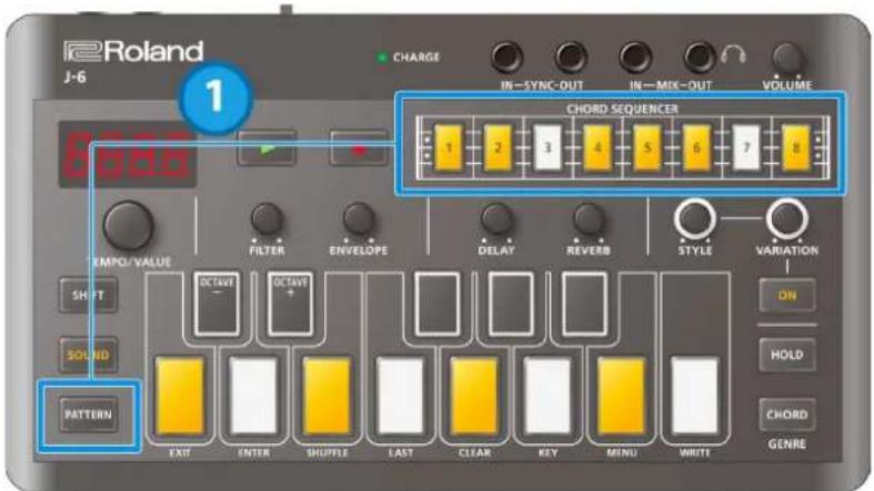 Roland J-6 1 CHARGE IN-SYNC-OUT IN-MIX-OUT VOLUME CHORD SEQUENCER 1 2 3 4 5 6 7 8 TEMP/VALUE FILTER ENVELOPE DELAY REVERB STYLE VARIATION ON HOLD CHORD GENRE SHIFT SOUND PATTERN EXIT ENTER SHUFFLE LAST CLEAR KEY MENU WRITE