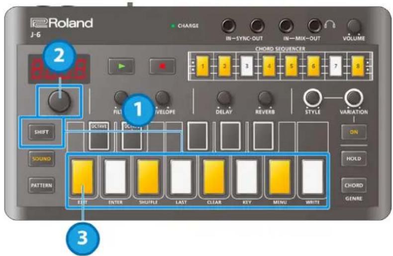 Roland J-6 CHARGE IN-SYNC-OUT IN-MIX-OUT VOLUME 2 CHORD SEQUENCER 1 2 3 4 5 6 7 8 FILT VELOPE DELAY REVERB STYLE VARIATION ON SHIFT SOUND PATTERN OCTAVE OCTAVE EXIT ENTER SHUFFLE LAST CLEAR KEY MENU WRITE HOLD CHORD GENRE 3