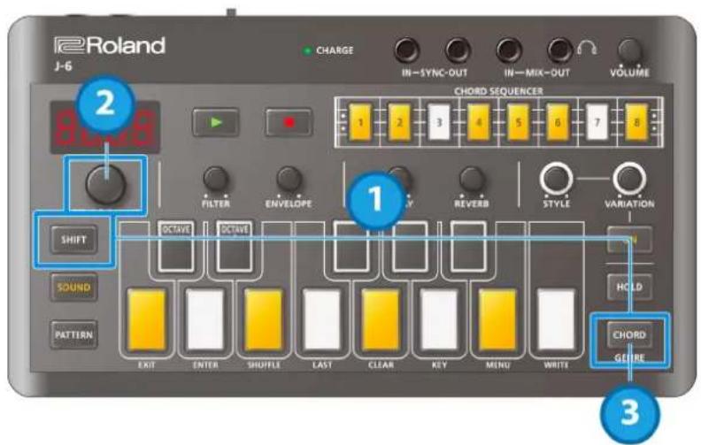Roland J-6 CHARGE IN-SYNC-OUT IN-MIX-OUT VOLUME 2 CHORD SEQUENCER 1 2 3 4 5 6 7 8 FILTER ENVELOPE REVERB STYLE VARIATION SHIFT OCTAVE OCTAVE SOUND HOLD PATTERN CHORD EXIT ENTER SHuffle LAST CLEAR KEY MENU WRITE CHORD SEURE