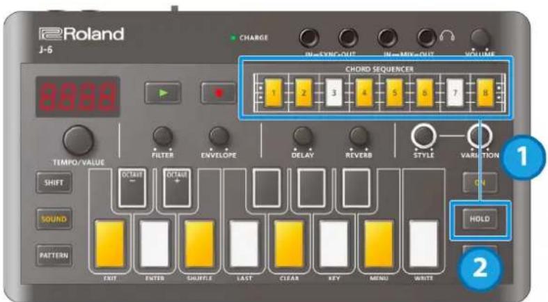 eRoland J-6 8888 CHARGE IN=EXICOUT IN=MIXOUT VOLUME CHORD SEQUENCER 1 2 3 4 5 6 7 8 1 2 VARIATION TEMPO/VALUE FILTER ENVELOPE DELAY REVERB STYLE SHIFT OCTAUTE OCTAUTE SOUND PATTERN EXIT ENTER CHURPLE LAST CLEAR KEY MENU WRITE HOLD