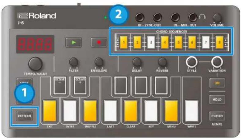 Roland J-6 8888 IN—SYNC-OUT IN—MIX-OUT VOLUME 2 CHORD SEQUENCER 1 2 3 4 5 6 7 8 TEMPORVALUE FILTER ENVELOPE DELAY REVERB STYLE VARIATION 1 PATTERN EXIT ENTER SHUFFLE LAST CLEAR KEY MINU WRITE DN HOLD CHORD GENRE