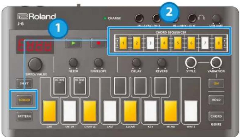 Roland J-6 1 CHARGE IN-SYNC-OUT IN-MIX-OUT VOLUME 2 CHORD SEQUENCER 1 2 3 4 5 6 7 8 EMPD./VALUE FILTER ENVELOPE DELAY REVERB STYLE VARIATION SHIFT OCTAVE OCTAVE + SOUND PATTERN EXIT ENTER SHUTFLE LAST CLEAR KEY MENU WRITE ON HOLD CHORD GENRE