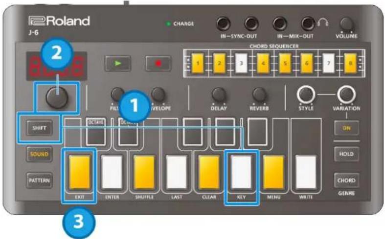 2 Roland J-6 CHARGE IN-SYNC-OUT IN-MIX-OUT VOLUME 2 800.8 CHORD SEQUENCER 1 2 3 4 5 6 7 8 FILT WELLOPE DELAY REVERB STYLE VARIATION ON SHIFT OCTAVE OCEMBER SOUND PATTERN EXIT ENTER SHUFFLE LAST CLEAR KEY MENU WRITE HOLD CHORD GENRE 3