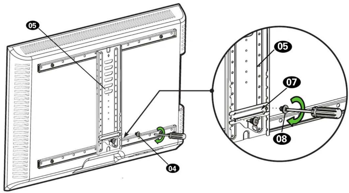 Technical diagram of a computer monitor with labeled parts and a magnified inset showing mechanical adjustment mechanism.