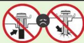 Safety warning sign showing no protection symbols for a mechanical device and a sad face