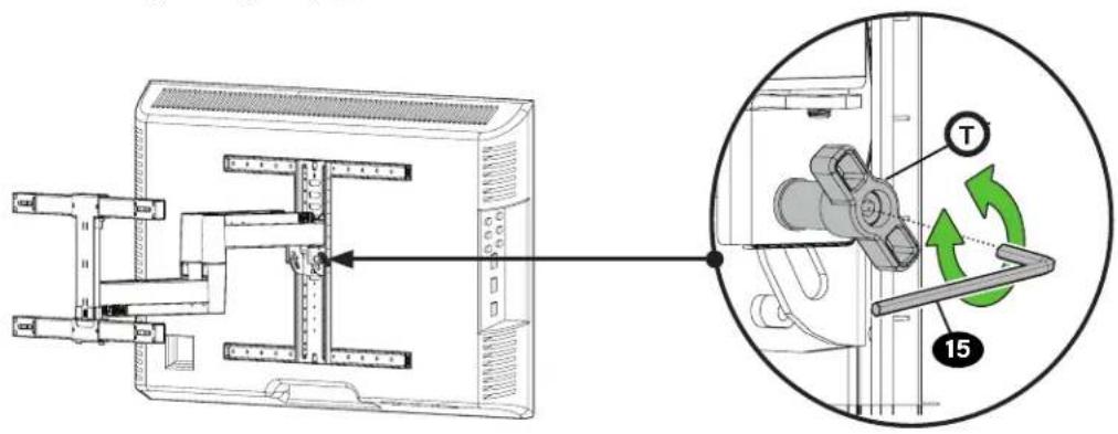 Technical diagram showing a computer monitor with labeled parts and a circular inset illustrating the internal mechanism with arrows and labels T and 15.