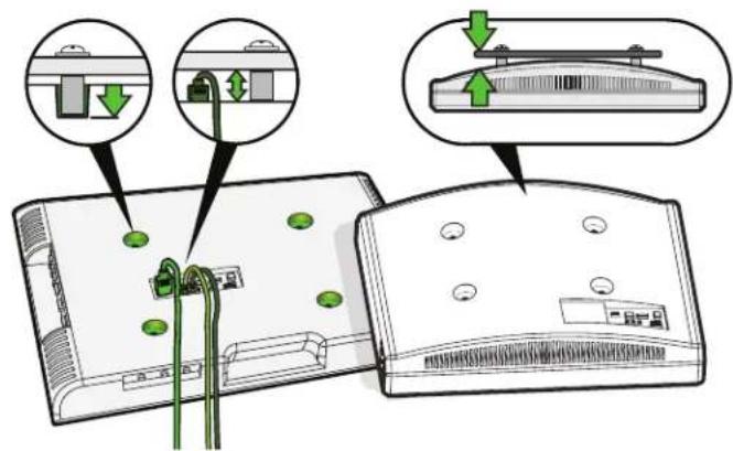 Diagram illustrating cable installation steps with labeled components and directional arrows indicating connection or movement.