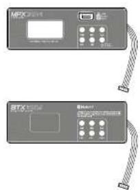 Two electronic device control panels with labeled buttons and a display screen, connected by cable links.