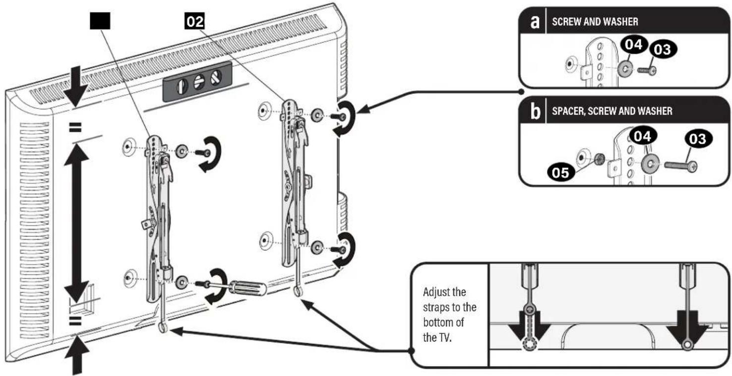 02 a SCREW AND WASHER 04 03 b SPACER, SCREW AND WASHER 04 03 05 Adjust the straps to the bottom of the TV.