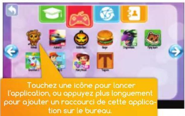 Touchez une icône pour lancer l'application, ou appuyez plus longuement pour ajouter un raccourci de cette application sur le bureau.