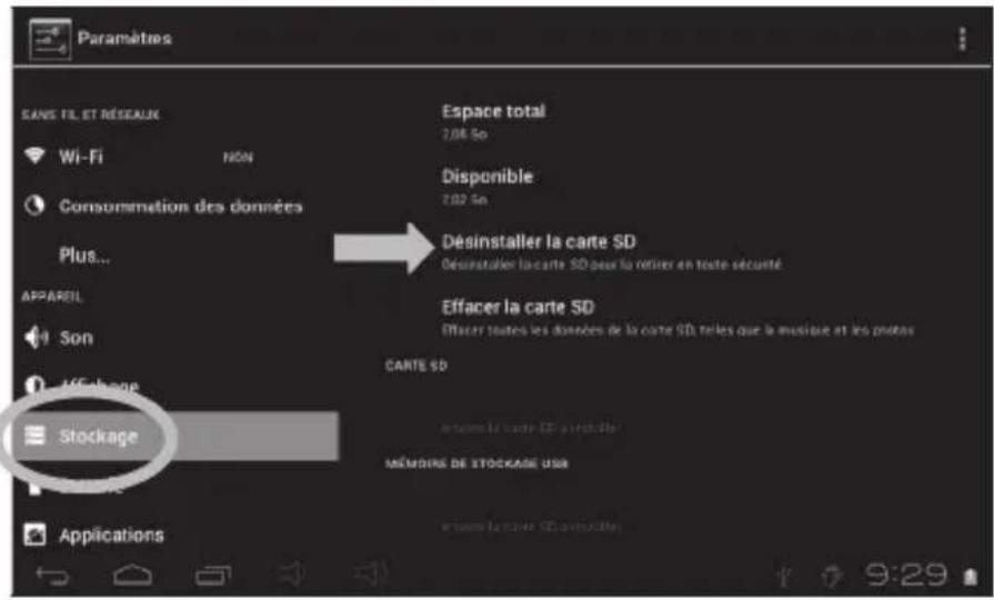 Paramètres SANS FIL ET RÉSEAUUX Wi-Fi NON Consummation des données Plus... APPAREL Son AFFeange Stockage Applications Espace total 2,04 So Disponible 7,02 So Desinstaller la carte SD Desinstaller la carte SD pour la retire en toute sécurité Effacer la carte SD Effacer toutes les données de la carte SD telles que la musique et les oputos CARTE SD etraîne la carte SD à installer MÉMOIRS DE STOCKAGE USB etraîne la carte SD à installer 9:29