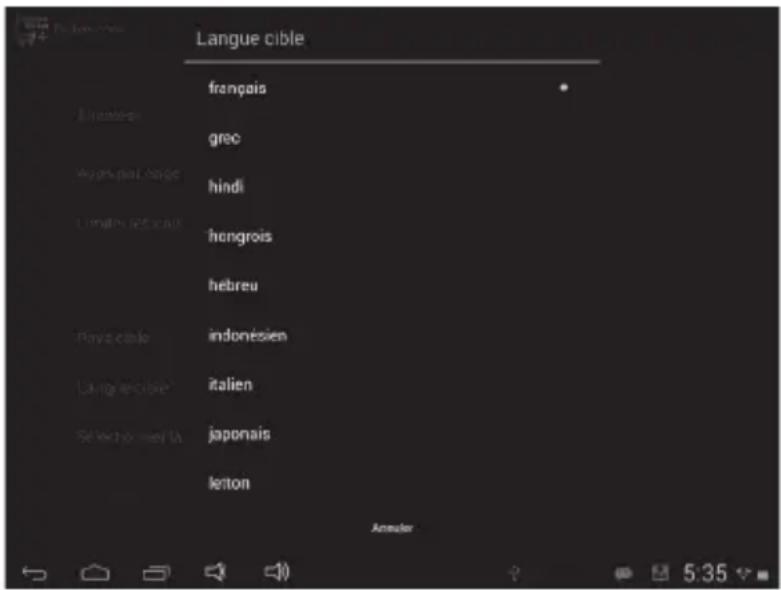 Langue cible français grec hindi hengrois hebreu indonesien italien japonais lenton Annuler