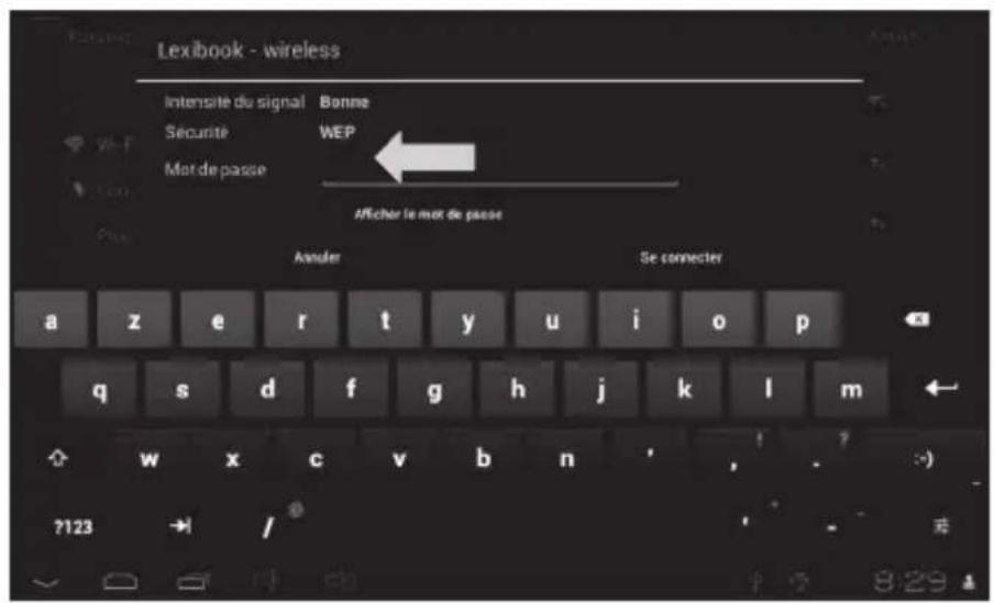 Lexibook - wireless Intensité du signal Bonne Securité WEP Met de passe Afficher le met de passe Amder Se connecter a z e r t y u i o p q s d f g h j k l m ?123 /