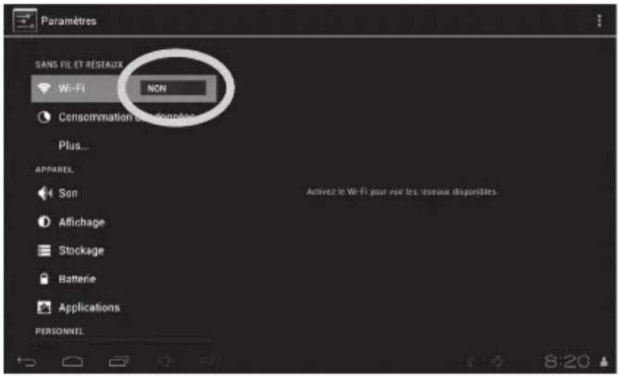 Paramètres SANS FIL ET RESEAUX Wi-Fi NON Consommation des comptes Plus... APPAREL Son Affichage Stockage Batterie Applications PERSONNEL Active2 le Wi-Fi pour rou les réseaux disponibles. 8:20