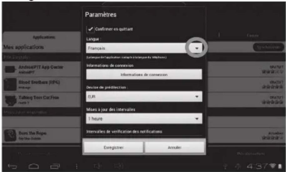 Paramètres ✓ Confirmer en quattant Language Français Sûlègner l'application datagé (sûlègner la 16th place) Informations de connexion Informations de connexion Device de prédiction : EUR Mises à jour des intervalles 1 heure Intervalles de verification des notifications Enregistrer Annuler