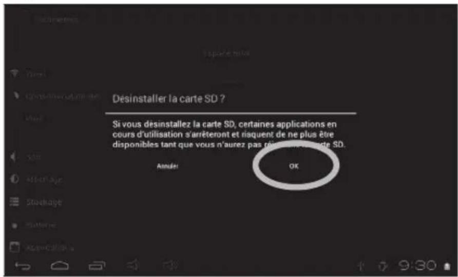 Desinstaller la carte SD ? Si vous desinstallez la carte SD, certaines applications en cours d'utilisation s'arrêteront et risquent de ne plus être disponibles tant que vous n'aurez pas récem sur levrante SD. Année! OK
