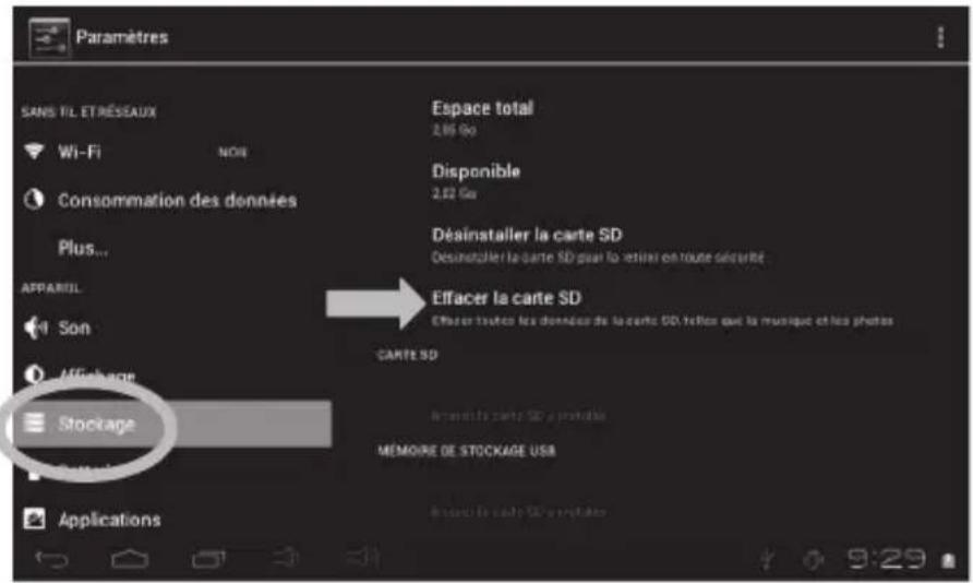 Paramètres SANS FIL ETRIÉSEAUX Wi-Fi NOI Consommation des données Plus... APPARIL Son Affichage Stockage Applications Espace total 2,05 Go Disponible 2,02 Go Désinstaller la carte SD Desinstaller la carte SD peut lo retituel en toute sécurité Effacer la carte SD Effacer toutes les données de la carte SD telles que la munique et les photos CARTE SD Automotive carte SD a portable MÉMOIRE DE STOCKAGE USA Estancé la carte SD a mobile