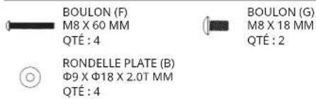 BOULON (F) M8 X 60 MM QTÉ : 4 BOULON (G) M8 X 18 MM QTÉ : 2 RONDELLE PLATE (B) Φ9 X Φ18 X 2.0T MM QTÉ : 4
