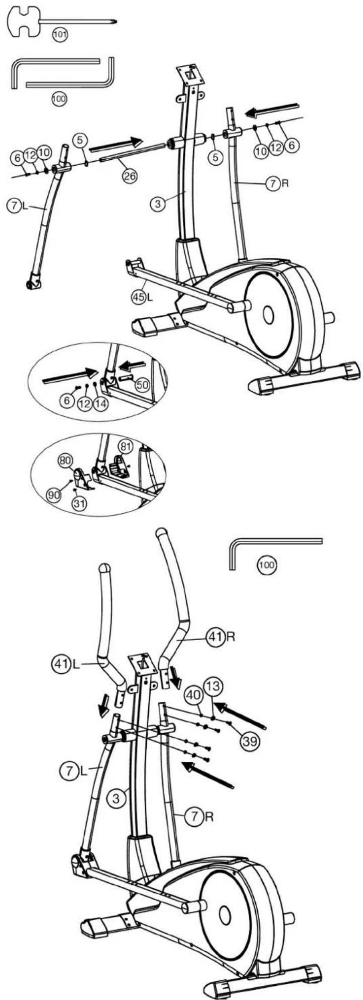 Technical diagram of an 100L exercise bike with labeled components and motion arrows