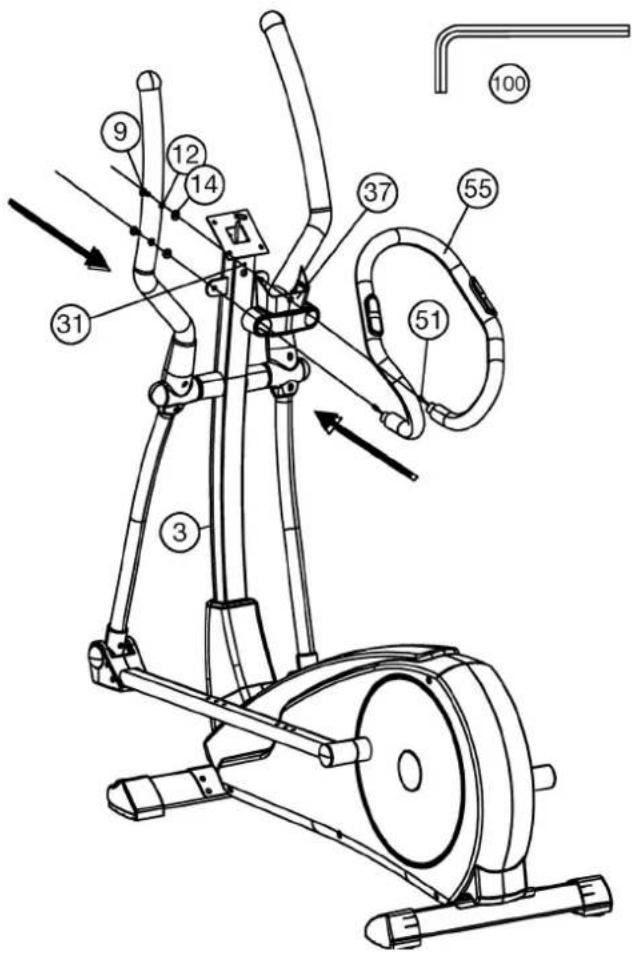 Technical diagram of an exercise machine with numbered components and directional arrows indicating motion or assembly.