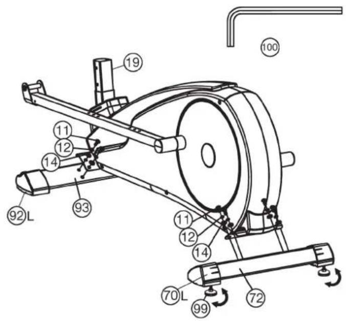 Technical diagram of a stationary exercise machine with numbered components and rotation indicators