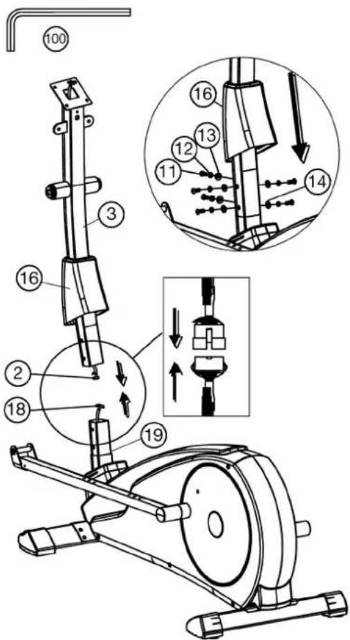 Technical diagram of an exercise machine with numbered components and exploded view showing internal mechanism and assembly steps.